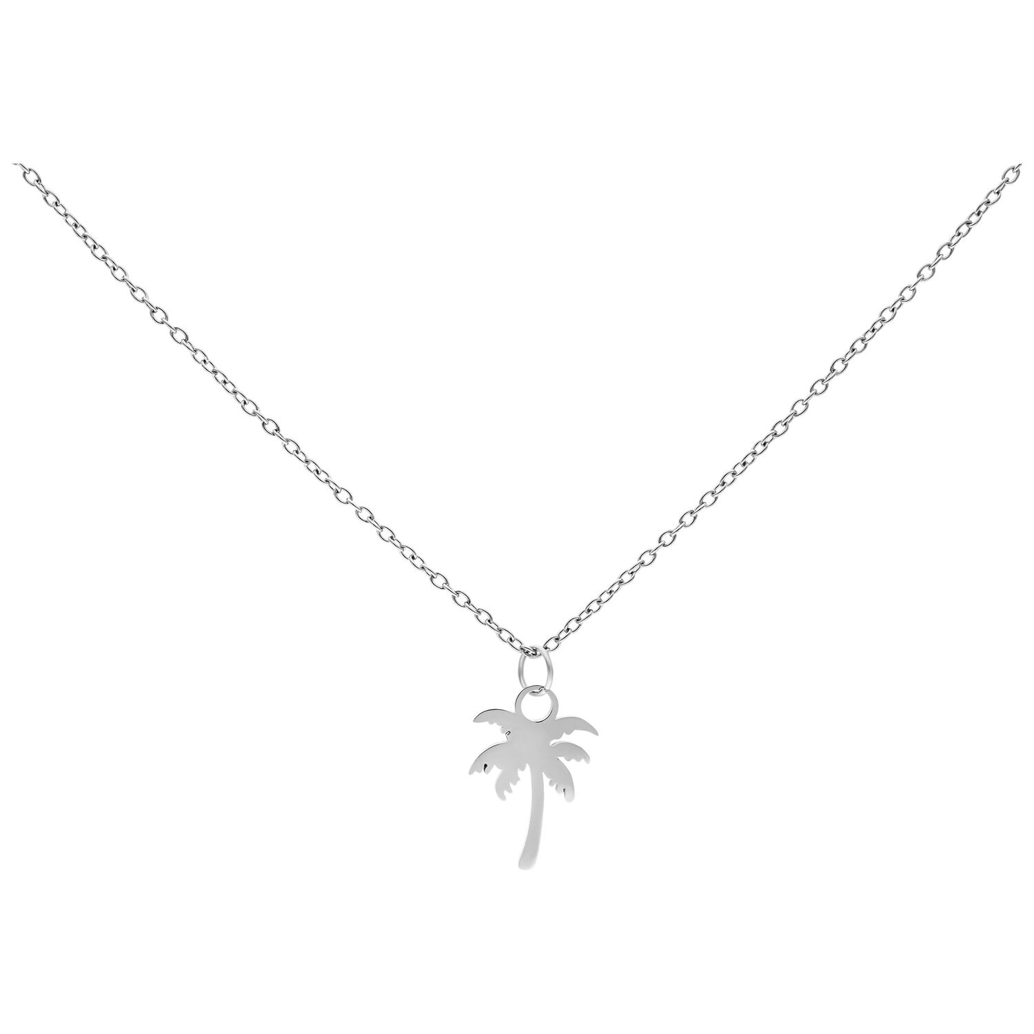 Collier Palmier en Acier Chirurgical Argenté Collier argenté avec pendentif palmier sur fond blanc