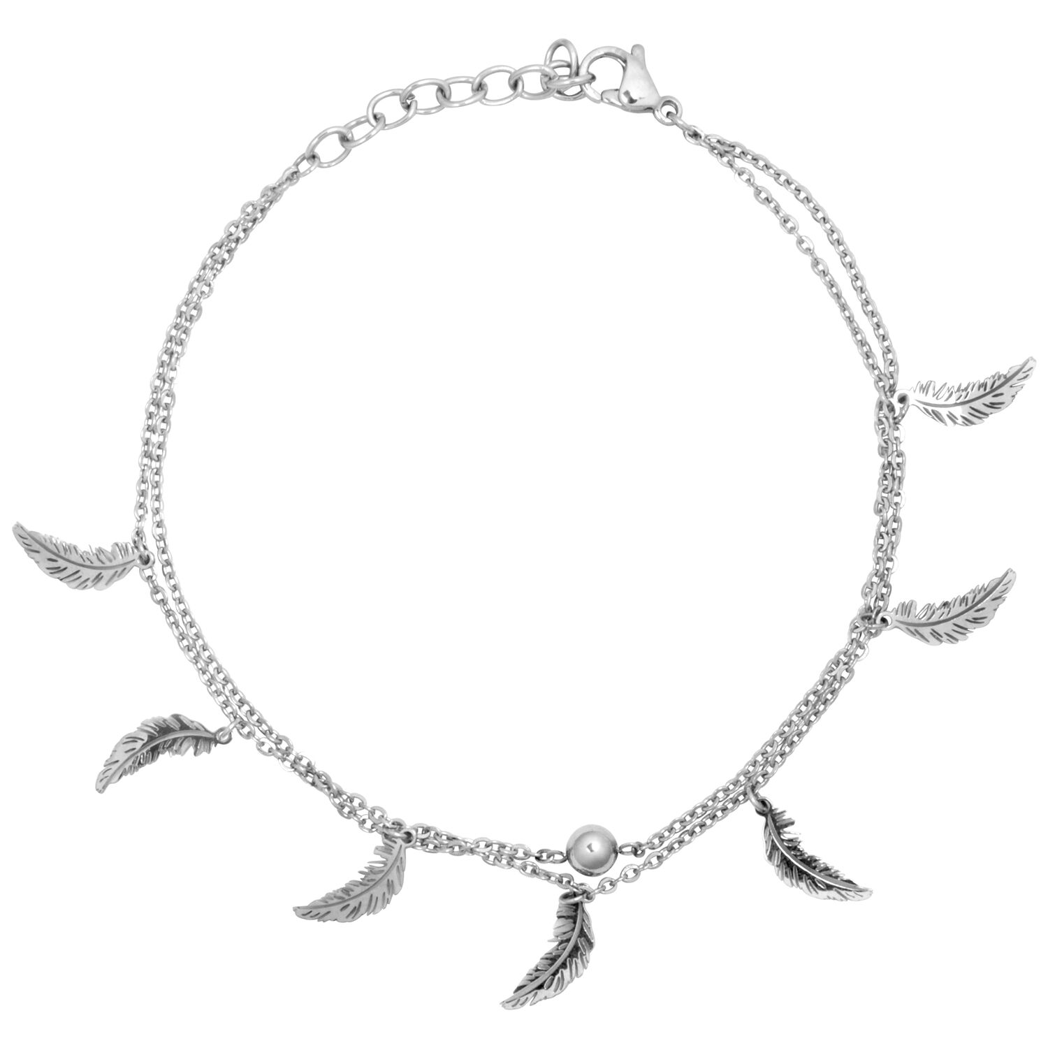 Chaîne de cheville multicouche argentée avec plumes Chaîne de cheville argentée avec plumes sur fond blanc