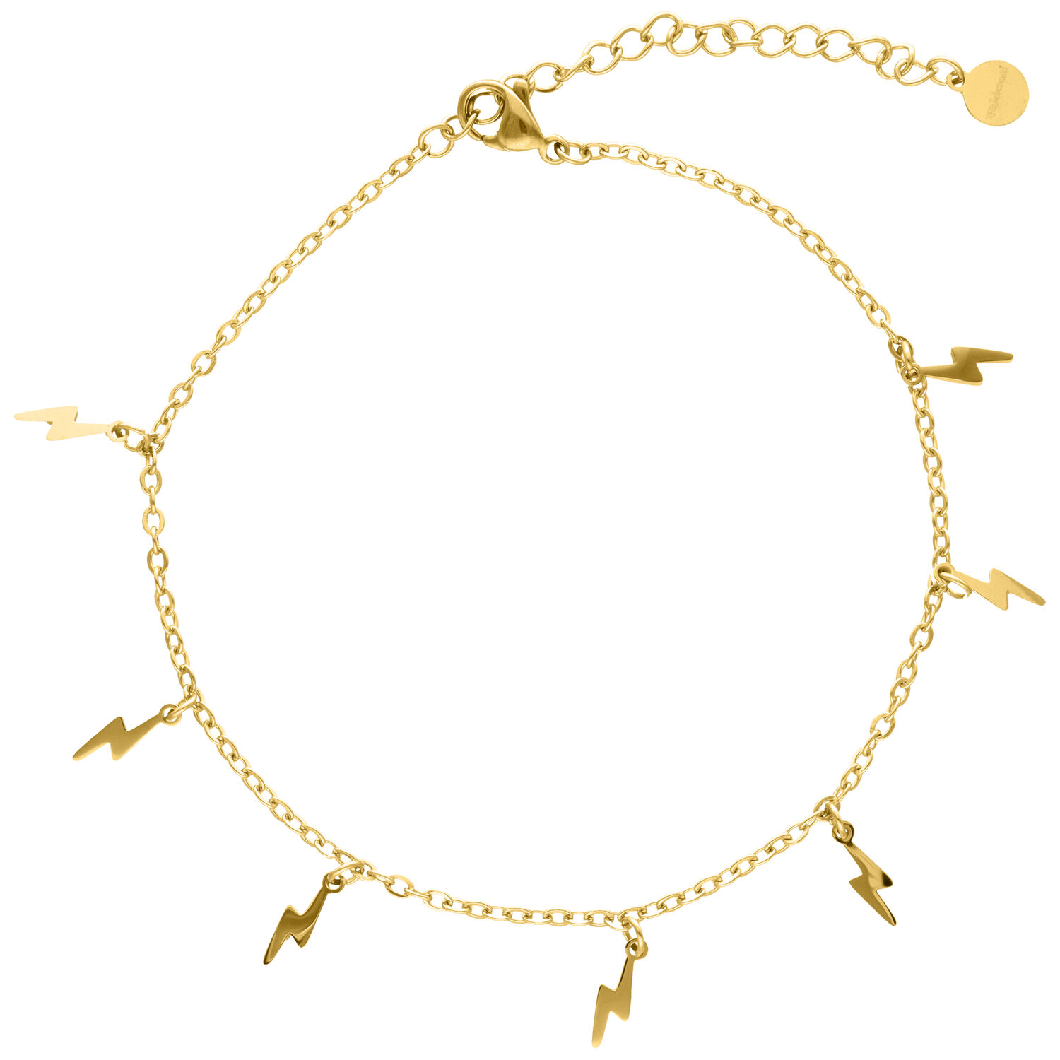 Chaîne de cheville Flash dorée en acier chirurgical Chaîne de cheville dorée avec pendentifs éclairs sur fond blanc