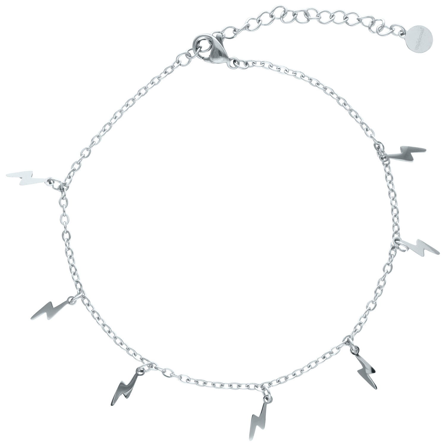 Bracelet de cheville Flash argenté en acier chirurgical Bracelet de cheville argenté avec pendentifs éclairs sur fond blanc