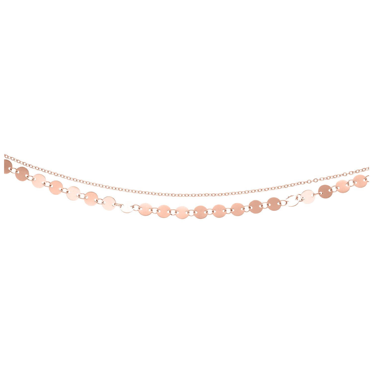Chaîne de cheville multicouche en or rose, ajustable Chaîne de cheville multicouche en or rose en acier chirurgical sur fond blanc