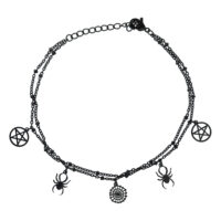 Bracelet de cheville noir Spider Pentagram ajustable Bracelet de cheville noir avec pendentifs araignée et pentagramme sur fond blanc