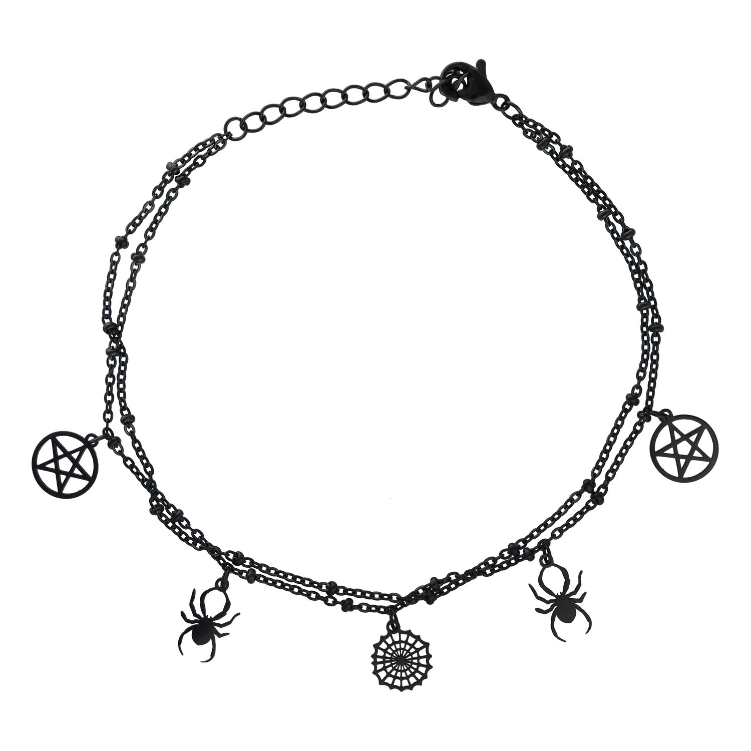Bracelet de cheville noir Spider Pentagram ajustable Bracelet de cheville noir avec pendentifs araignée et pentagramme sur fond blanc