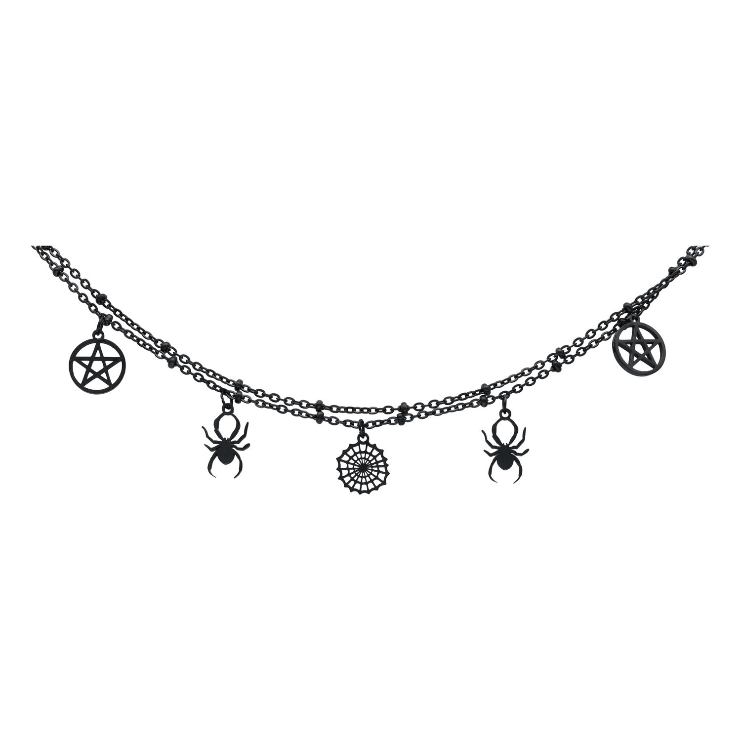Bracelet de cheville noir Spider Pentagram Bracelet de cheville noir avec pendentifs araignée et pentagramme sur fond blanc