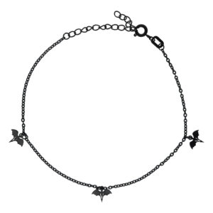 Bracelet de cheville noir avec pendentifs chauve-souris sur fond blanc