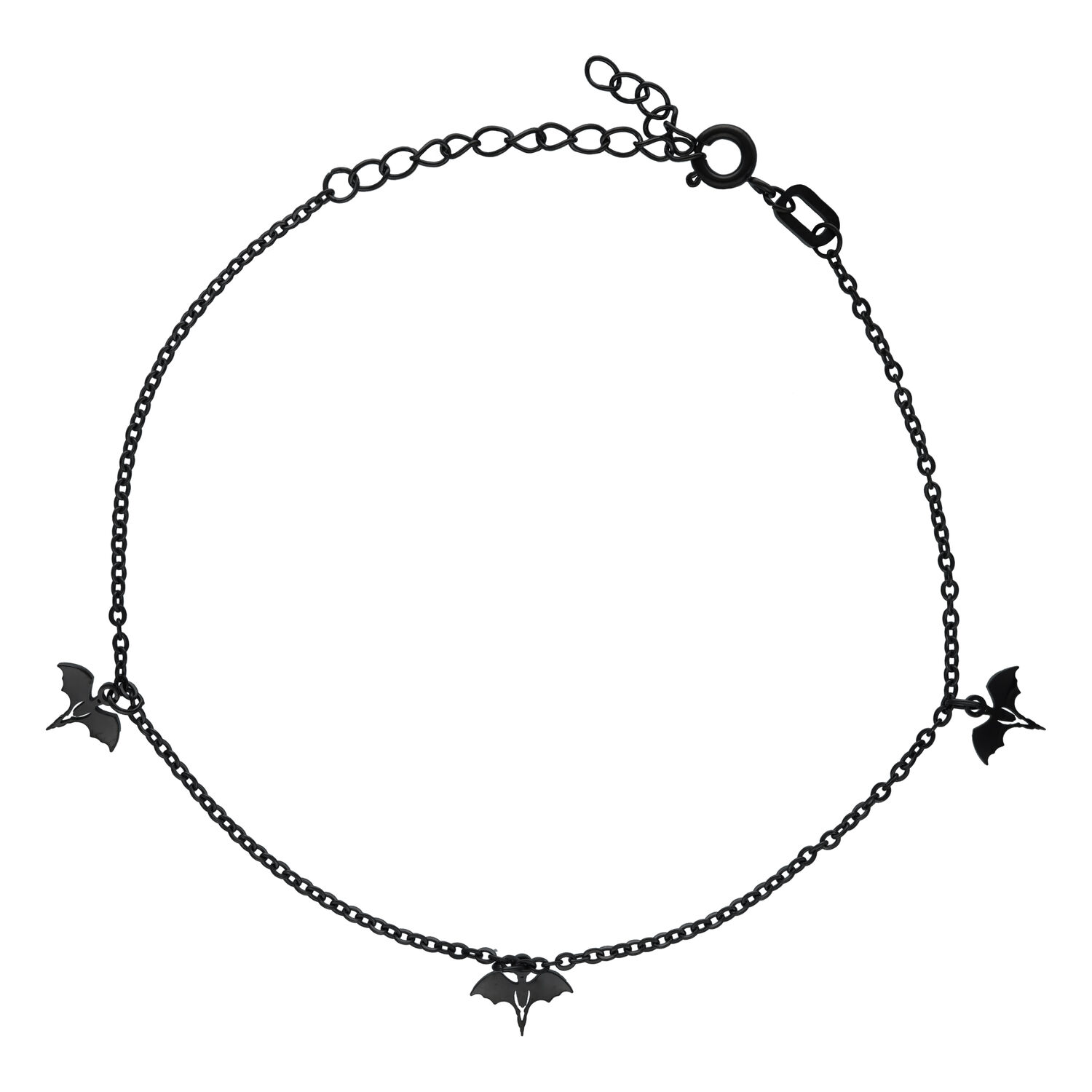Bracelet de cheville noir avec chauve-souris en acier inoxydable Bracelet de cheville noir avec pendentifs chauve-souris sur fond blanc