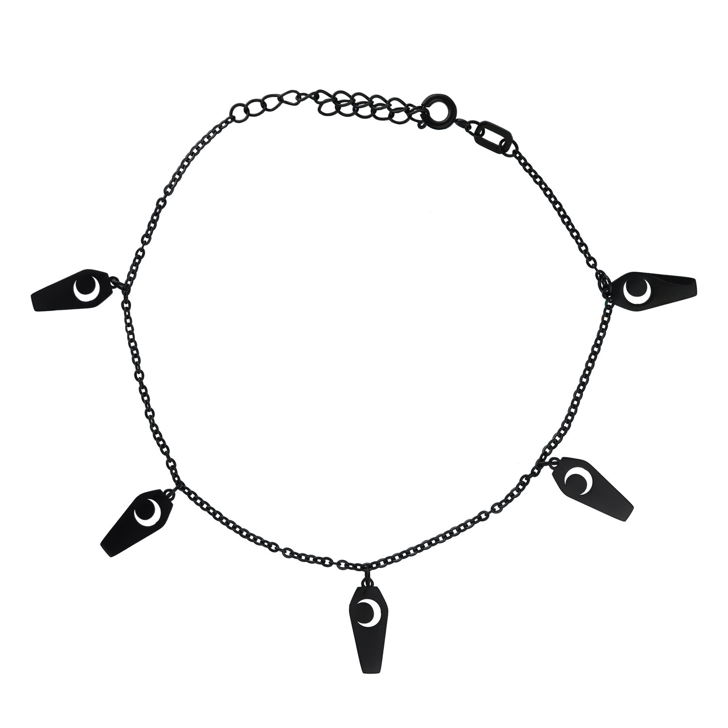 Bracelet de cheville Moon Coffin noir en acier Bracelet de cheville noir avec pendentifs en forme de cercueil et fermoir réglable sur fond blanc