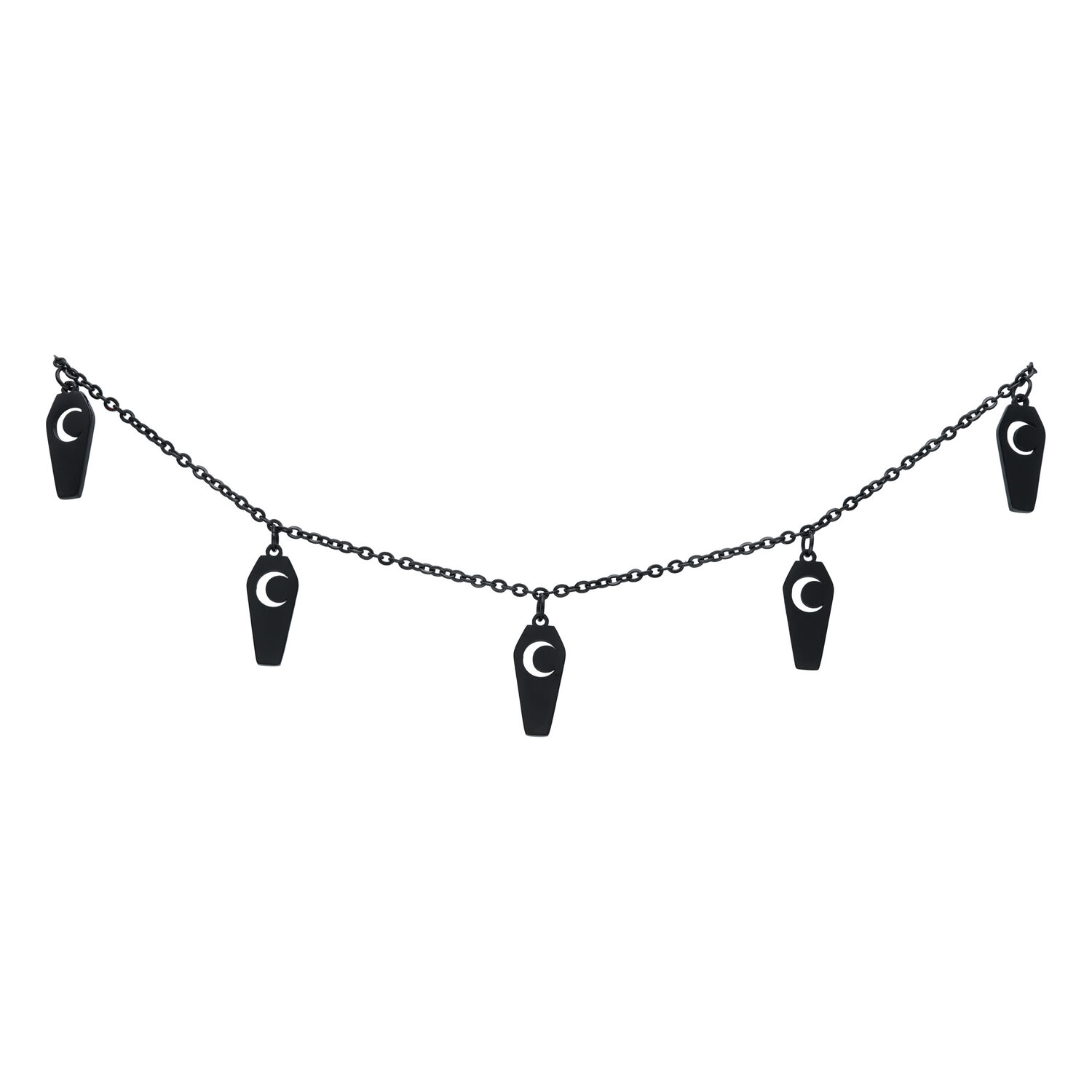 Moon Coffin bracelet de cheville en noir, ajustable Bracelet de cheville noir avec cinq petits pendentifs en forme de cercueil sur fond blanc