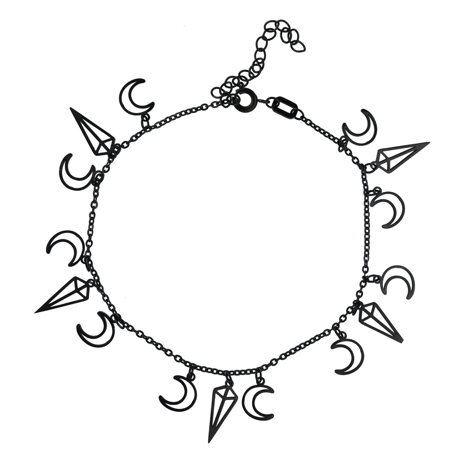 Bracelet de cheville Oracle noir avec pendentifs Bracelet de cheville noir en acier chirurgical avec pendentifs lune et cristal sur fond blanc