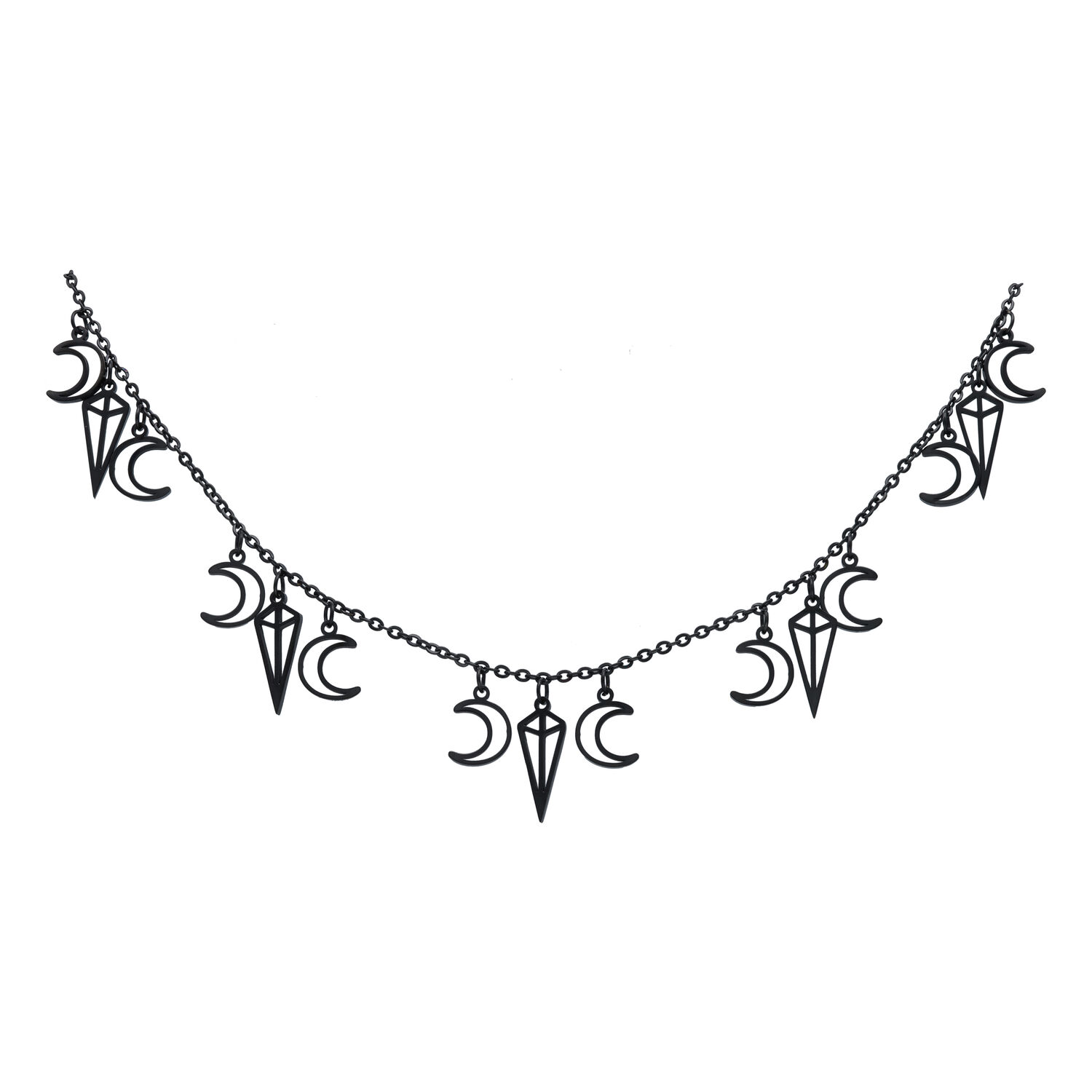 Bracelet de cheville Oracle noir avec pendentifs lune Bracelet de cheville noir en acier chirurgical avec lunes et pendentifs géométriques sur fond blanc
