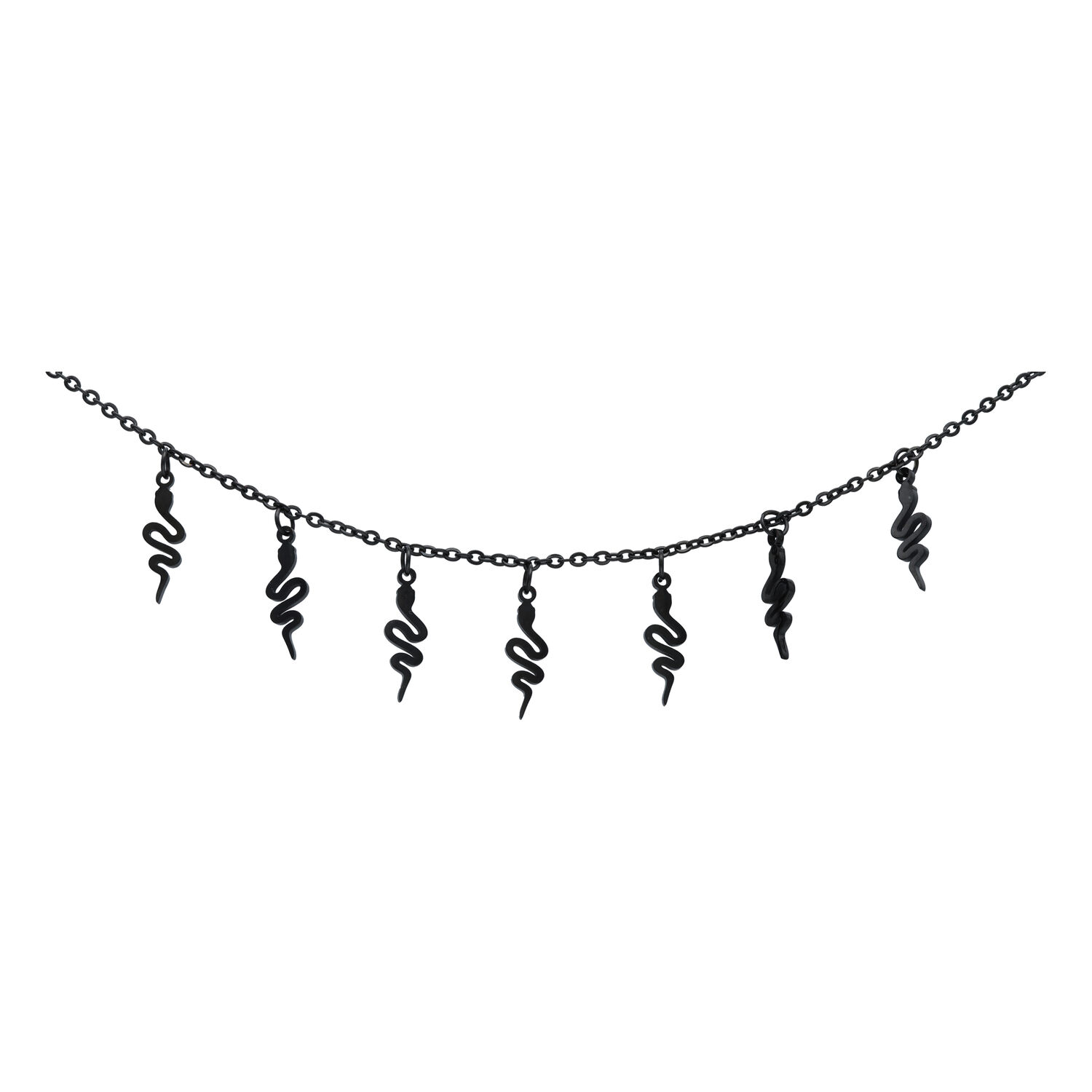 Chevillière noire en acier inoxydable avec pendentifs serpent Chevillière noire avec pendentifs serpent sur fond blanc