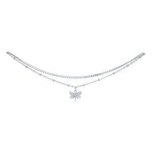 Bracelet de cheville argenté avec pendentif libellule sur fond blanc