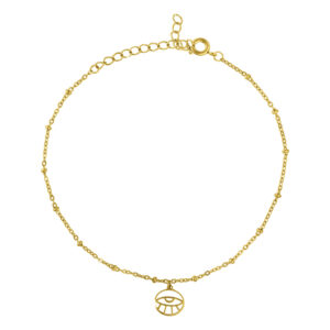 Bracelet de cheville doré avec fermoir réglable et pendentif œil sur fond blanc