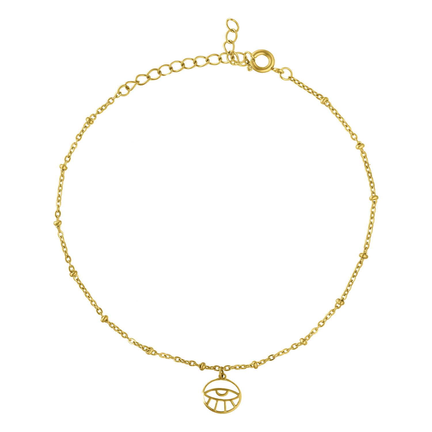 Bracelet de cheville Golden Eye en acier chirurgical Bracelet de cheville doré avec fermoir réglable et pendentif œil sur fond blanc
