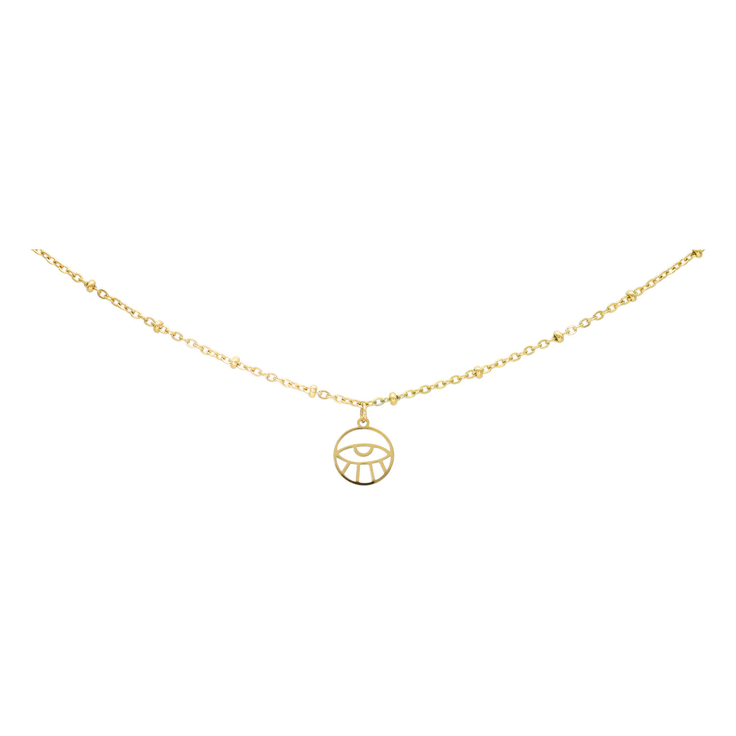 Chaîne de cheville dorée avec pendentif œil Chaîne de cheville dorée et filigrane avec pendentif œil sur fond blanc
