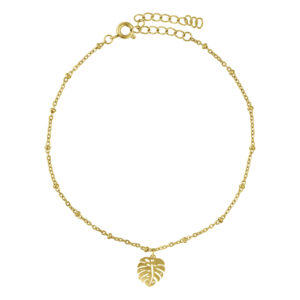 Bracelet de cheville doré avec pendentif Monstera sur fond blanc
