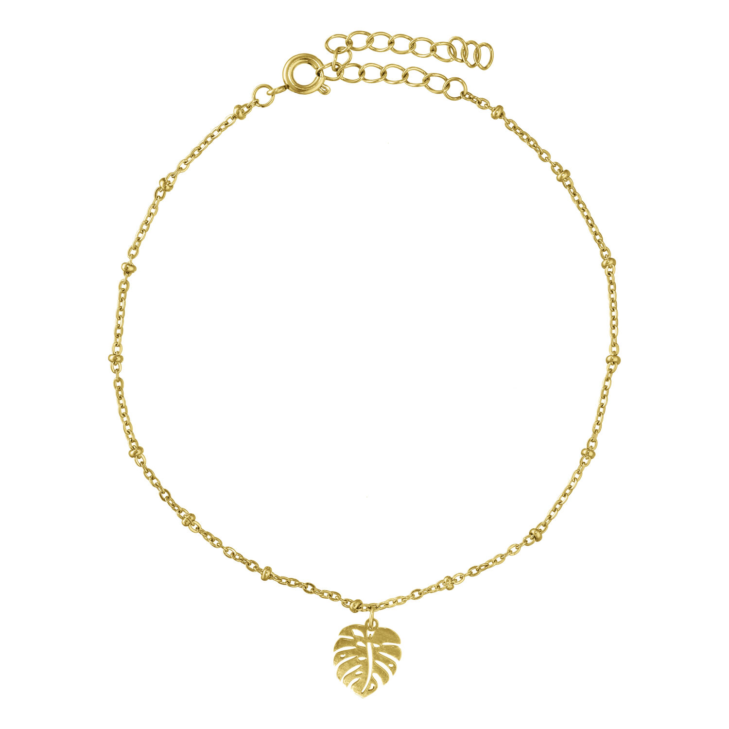 Bracelet de cheville doré avec pendentif Monstera sur fond blanc