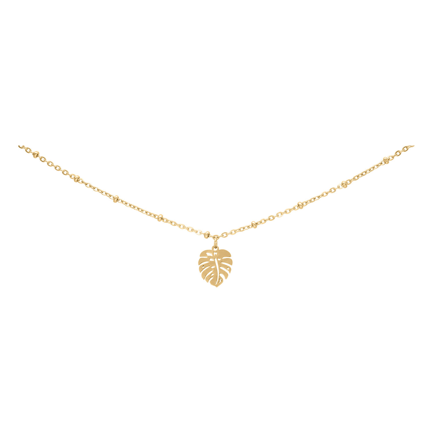 Bracelet de cheville doré avec pendentif Monstera sur fond blanc