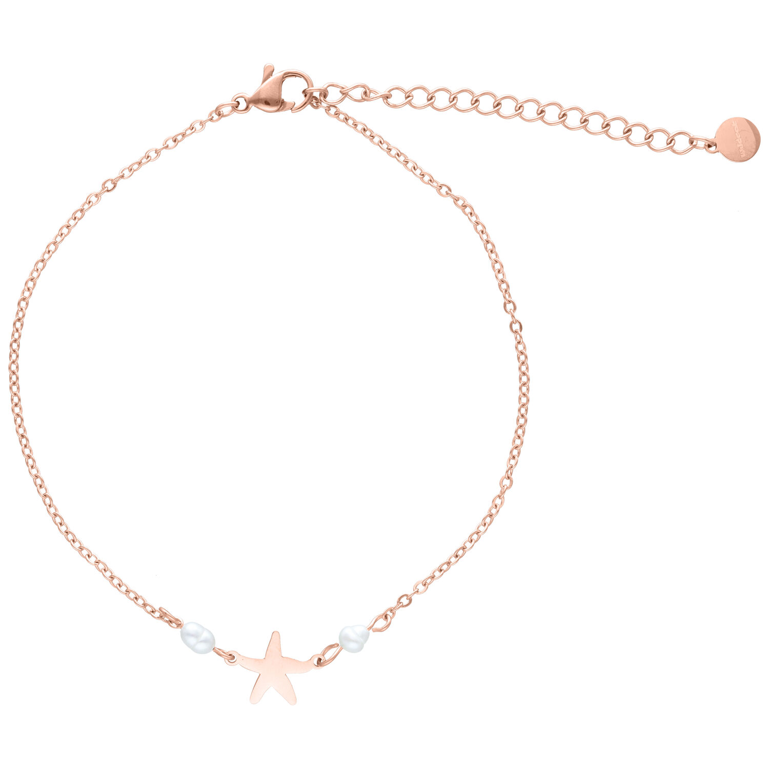 Bracelet de cheville étoile de mer en or rose avec perles Bracelet de cheville en or rose avec pendentif étoile de mer et perles sur fond blanc