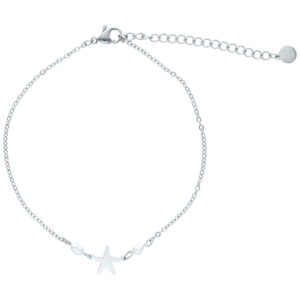 Bracelet de cheville en argent avec pendentif étoile de mer et perles sur fond blanc