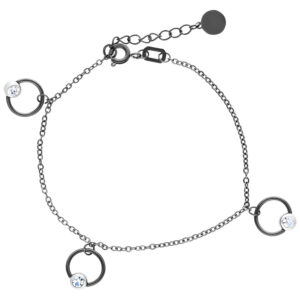 Bracelet noir en acier chirurgical avec longueur ajustable et anneaux en cristal sur fond blanc