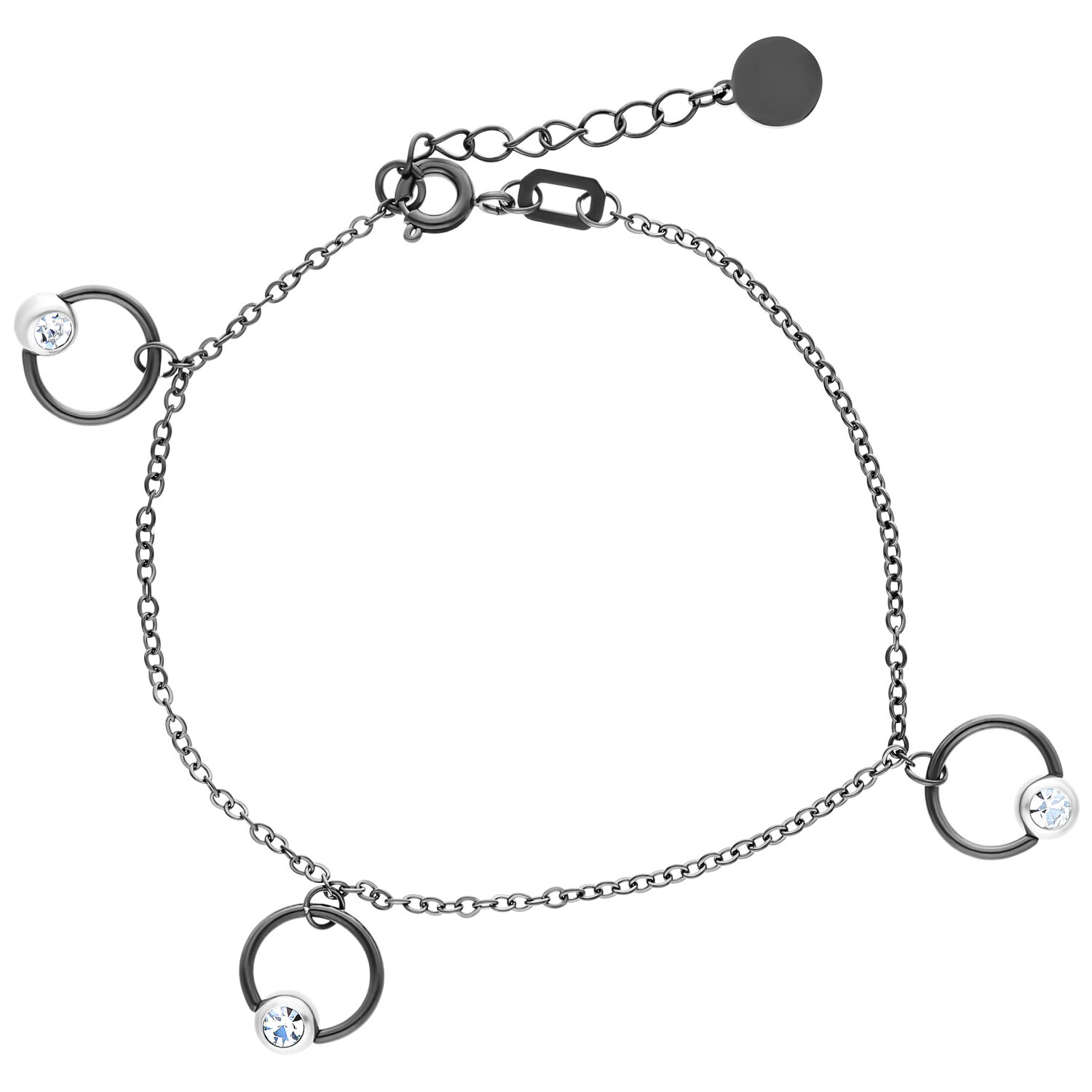 Bracelet noir avec anneaux et cristaux Bracelet noir en acier chirurgical avec longueur ajustable et anneaux en cristal sur fond blanc