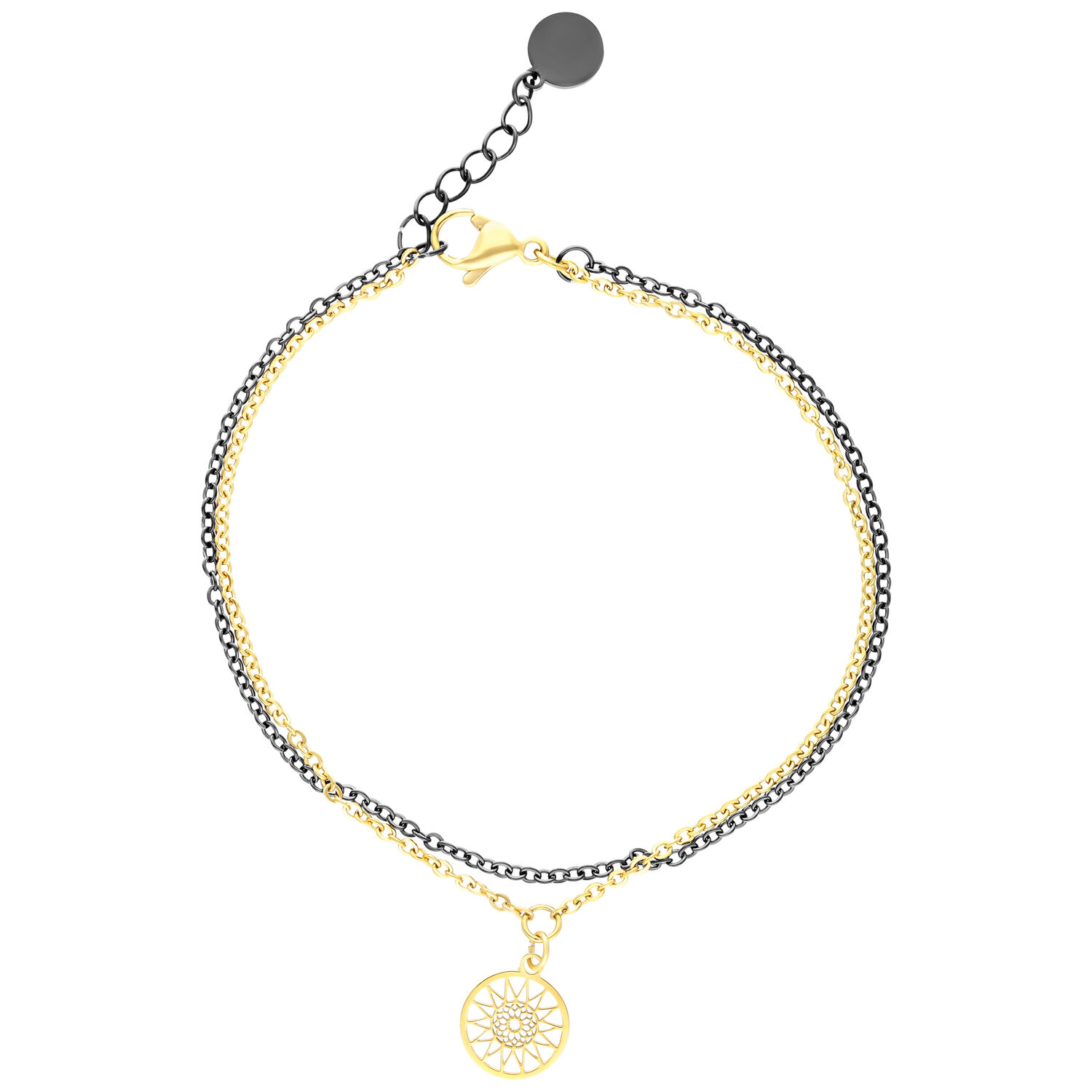 Bracelet Mandala en Noir et Or Bracelet double Mandala en acier chirurgical noir et or sur fond blanc
