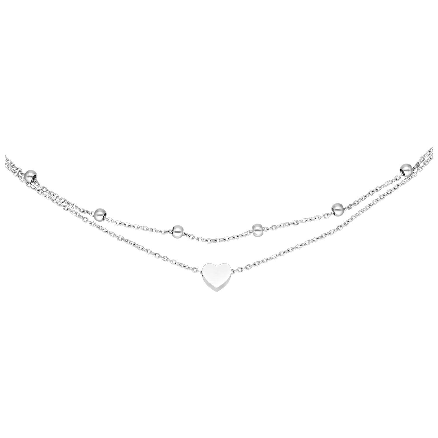 Bracelet argenté double rangée avec pendentif cœur et perles sur fond blanc