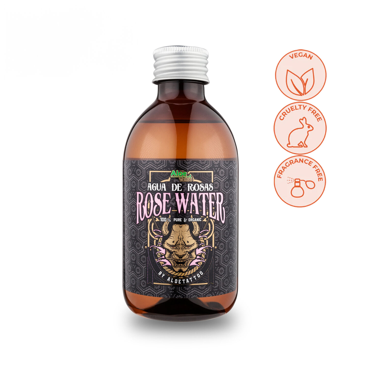Eau de rose 250 ml pour soin des tatouages Bouteille en verre brun avec eau de rose et étiquette noire sur fond blanc