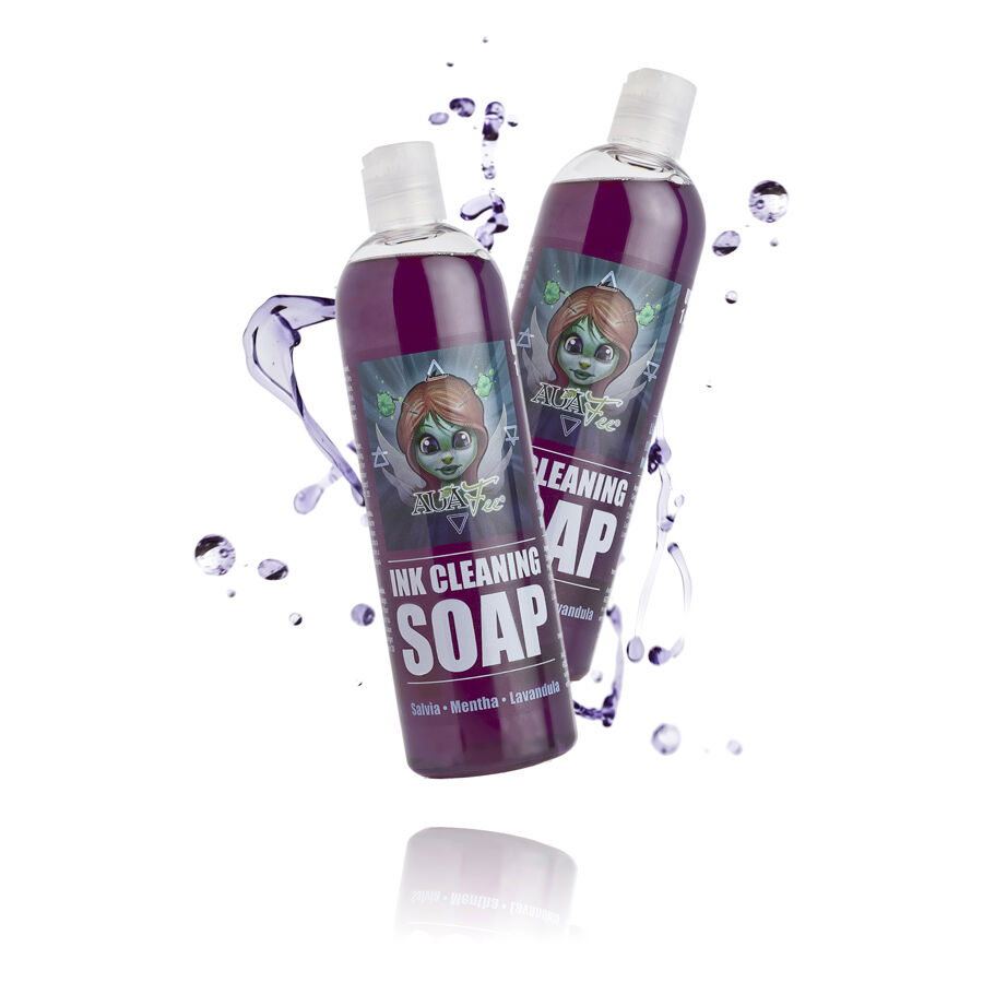 Auafee Ink Cleaning Soap 500 ml bouteille Deux bouteilles d'Auafee Ink Cleaning Soap avec liquide violet sur fond blanc
