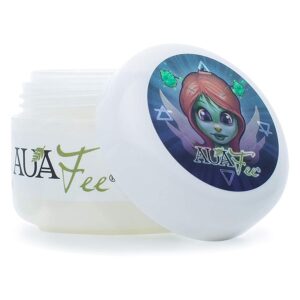 Pot blanc Auafee Premium Skincare avec couvercle ouvert et illustration colorée