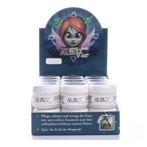 Présentoir avec boîtes Auafee Skincare, pots blancs, emballage coloré