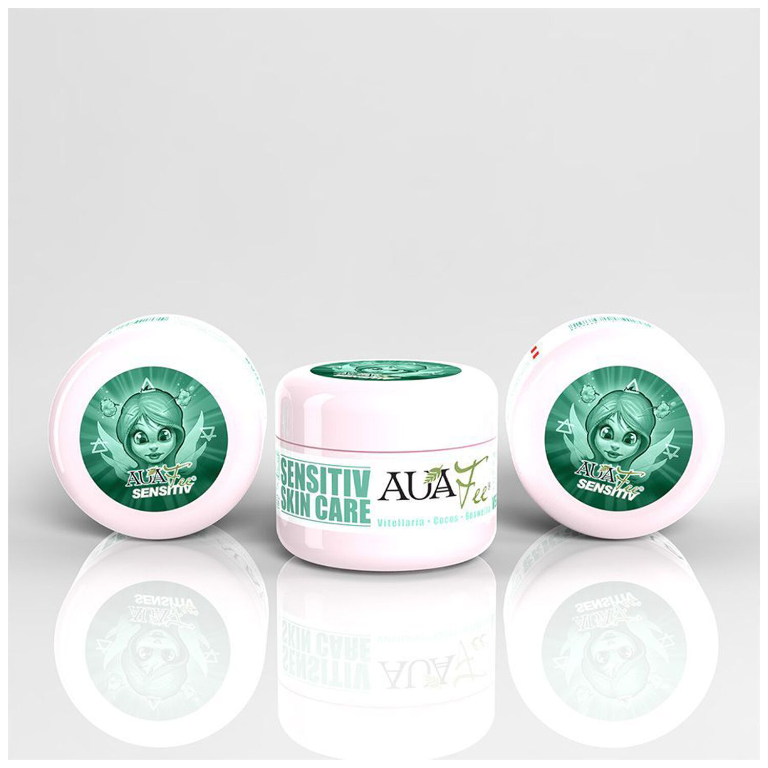 Trois pots de crème de soin tattoo Auafee sur fond blanc
