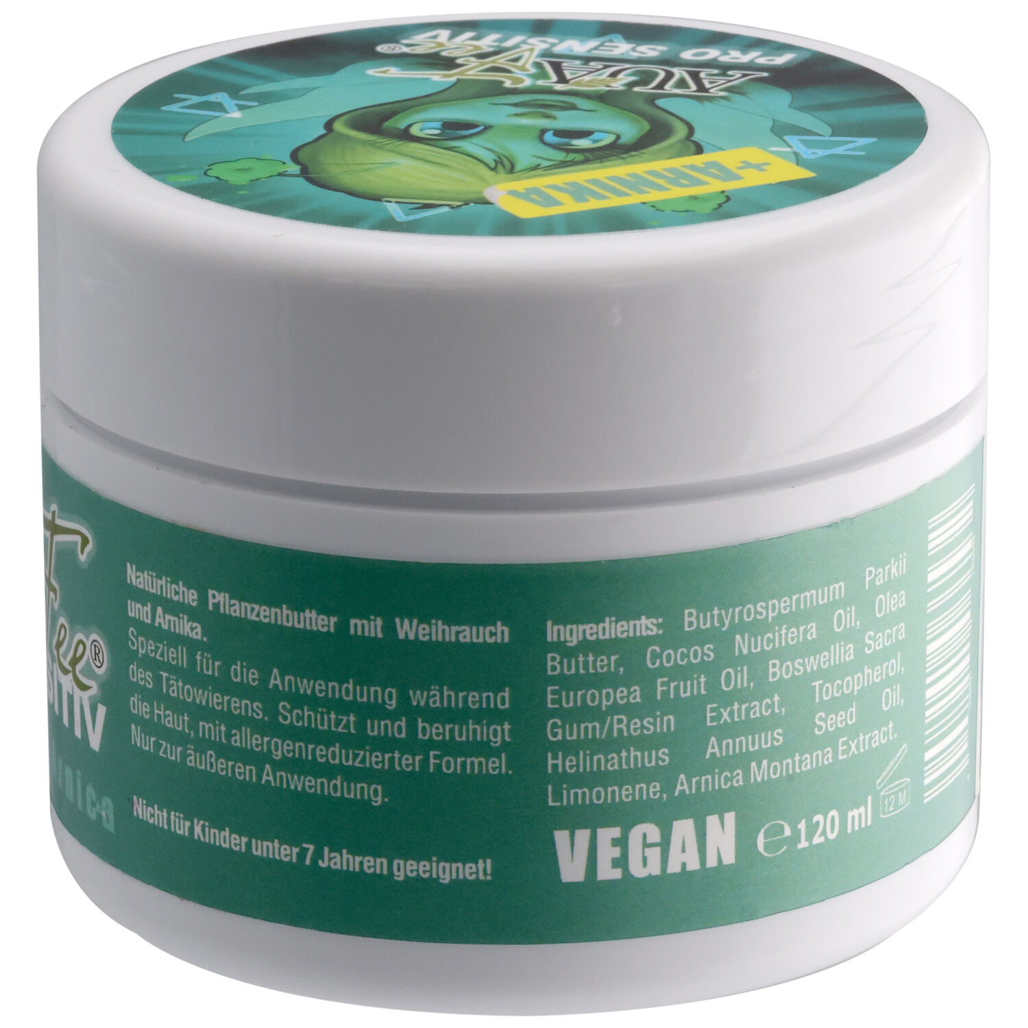 Boîte ronde blanche avec étiquette verte et inscription 'PRO Sensible avec Arnica', 120ml