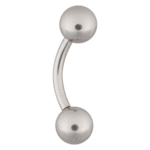 Piercing bananabell argenté en acier chirurgical avec deux boules sur fond blanc