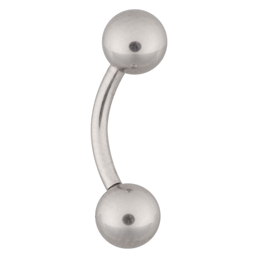 Banane de nombril en acier chirurgical argenté Piercing bananabell argenté en acier chirurgical avec deux boules sur fond blanc