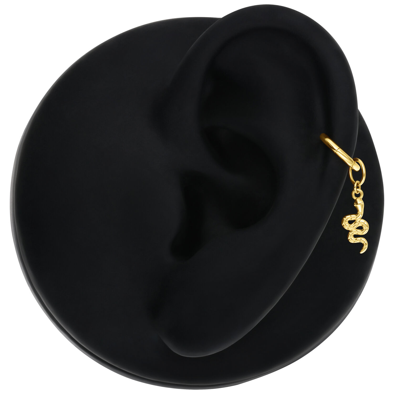 Pendentif serpent en or 18K pour piercings d'oreille Pendentif serpent en or pour piercings d'oreille sur modèle d'oreille noir