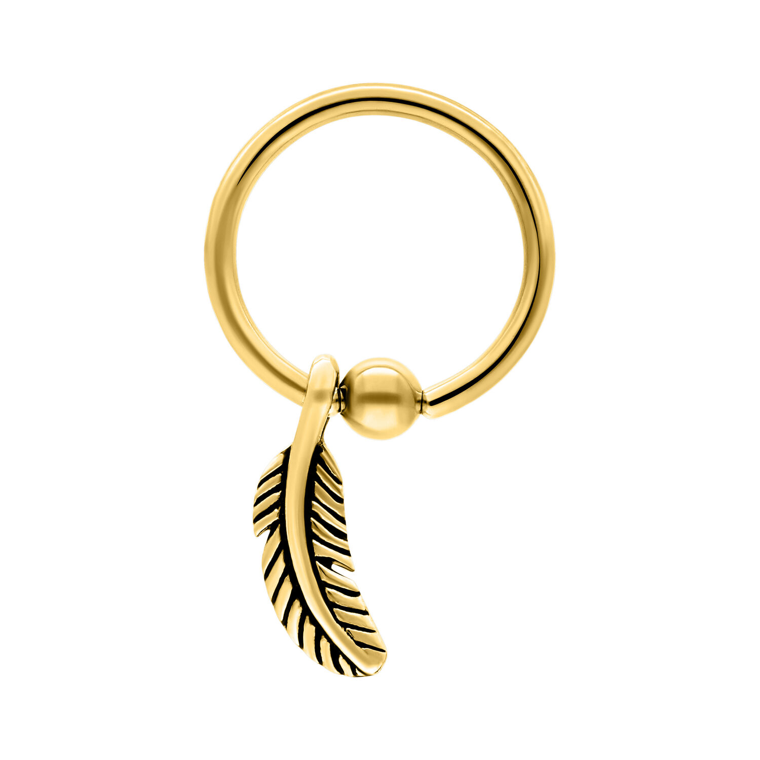 Clip en anneau doré avec plume, 10 mm Clip en anneau doré avec pendentif plume sur fond blanc