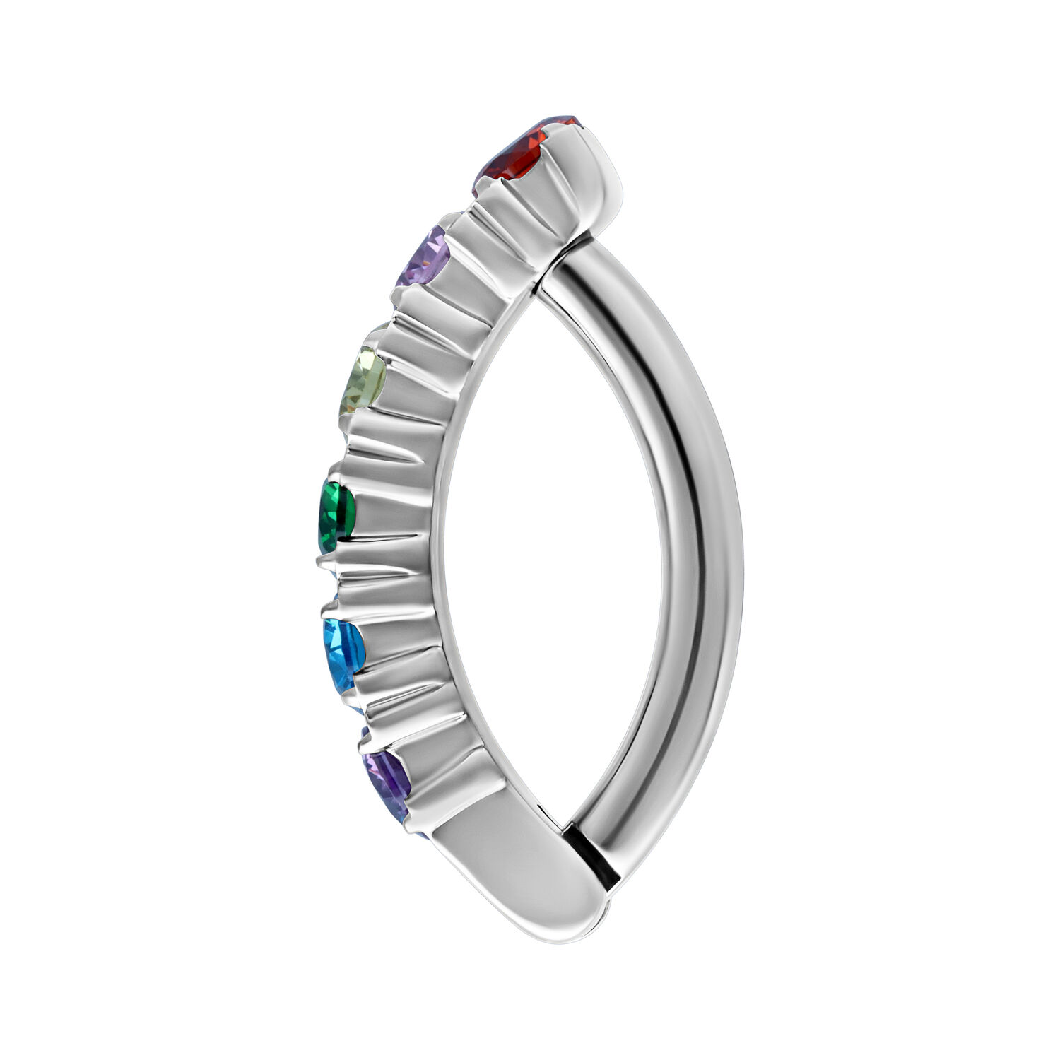 Clicker de nombril argenté avec cristaux arc-en-ciel scintillants sur fond blanc