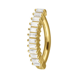 Clicker de nombril en or 18K avec cristaux baguette clairs sur fond blanc