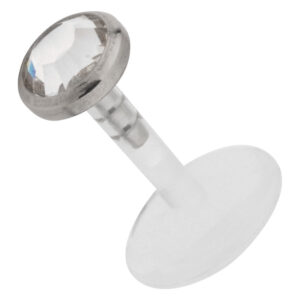 Micro Labret argenté avec cristal clair sur fond blanc