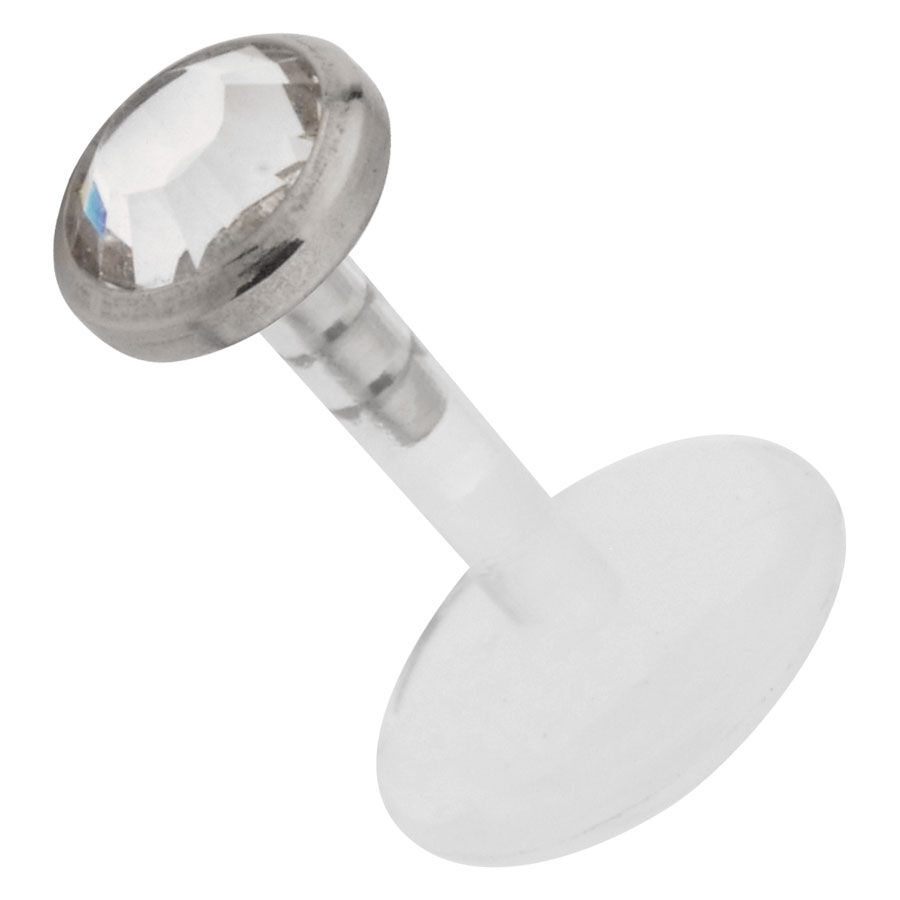 Micro Labret argenté avec cristal clair sur fond blanc