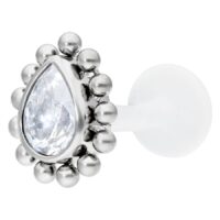 Labret en argent avec cristal en forme de goutte 1,2 mm Labret en argent avec cristal en forme de goutte sur fond blanc