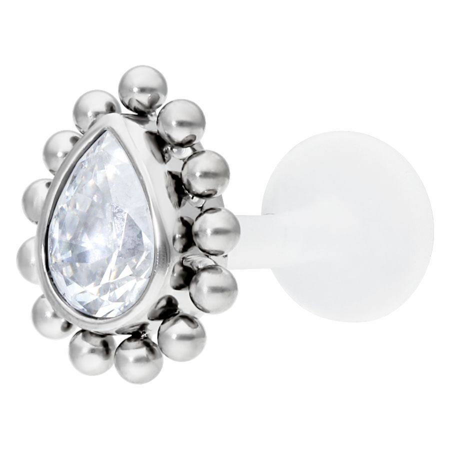 Labret en argent avec cristal en forme de goutte 1,2 mm Labret en argent avec cristal en forme de goutte sur fond blanc