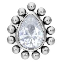 Labret en argent avec cristal en forme de larme et filetage interne Labret en argent avec goutte cristalline et billes sur fond blanc