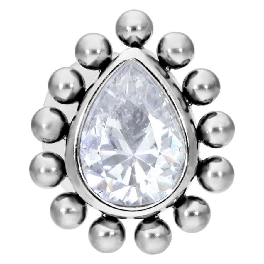 Labret en argent avec cristal en forme de larme et filetage interne Labret en argent avec goutte cristalline et billes sur fond blanc