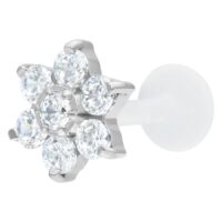 Labret en argent avec fleur en cristal Labret avec fleur en cristal argentée sur fond blanc