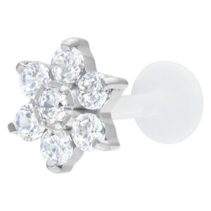Labret avec fleur en cristal argentée sur fond blanc