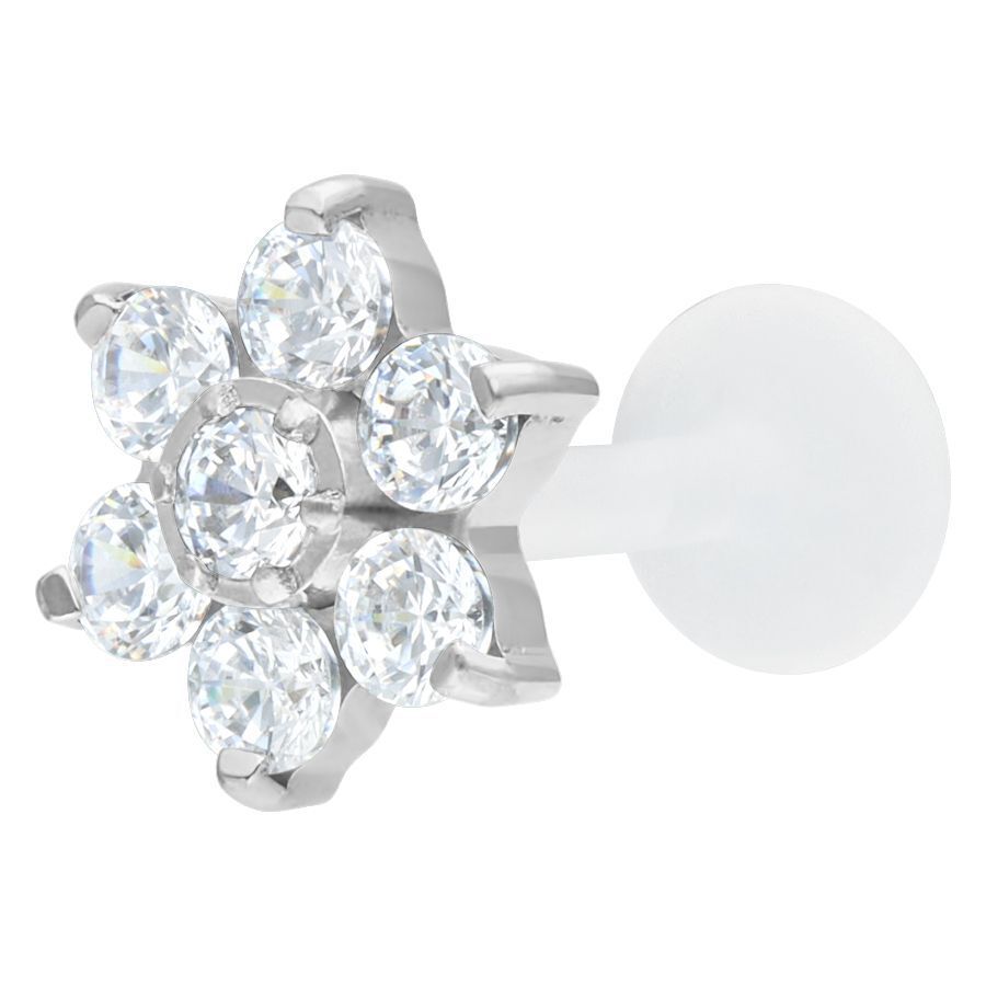 Labret en argent avec fleur en cristal Labret avec fleur en cristal argentée sur fond blanc
