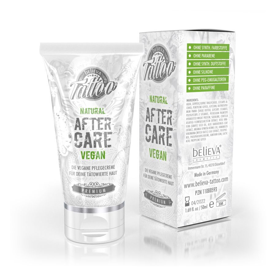 Believa Crème Soin Tatouage 50ml Vegan Believa Crème Soin Tatouage et emballage sur fond blanc
